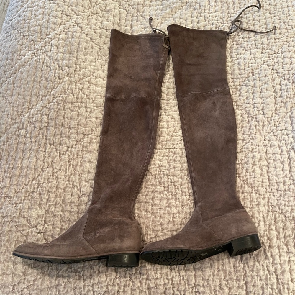 Stuart Weizmann over the knee tie boot. 1 inch heel suede